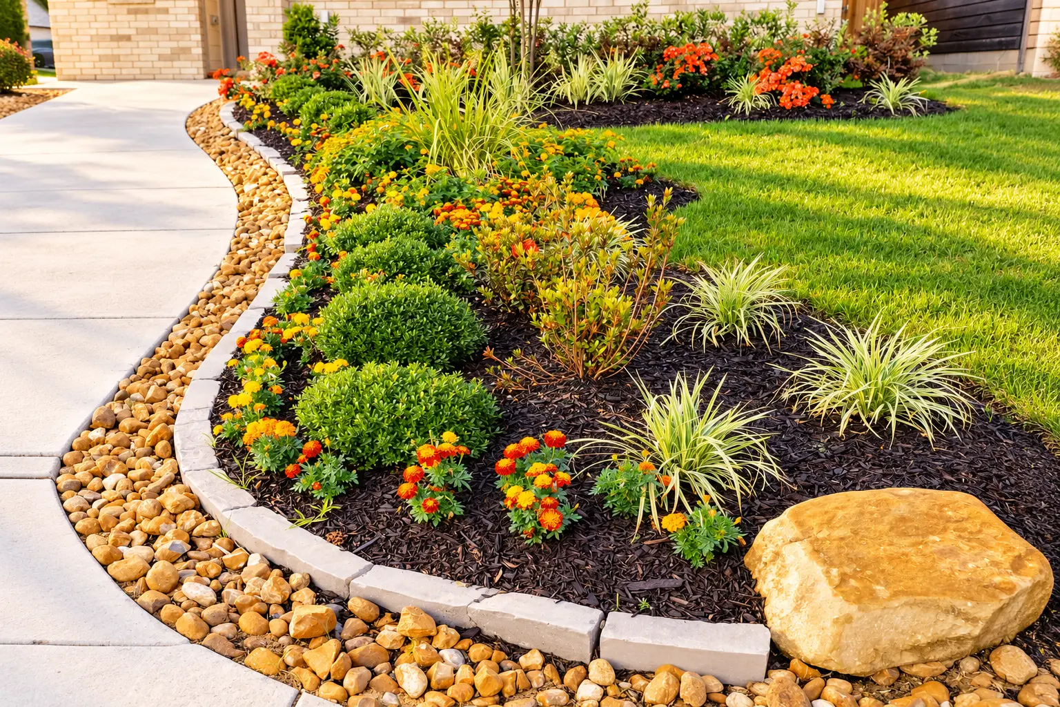 Enhanced, widened version of the curved garden bed photo: stone edging, dark mulch, shrubs, marigolds, striped grasses, and a sandstone boulder beside a lawn.